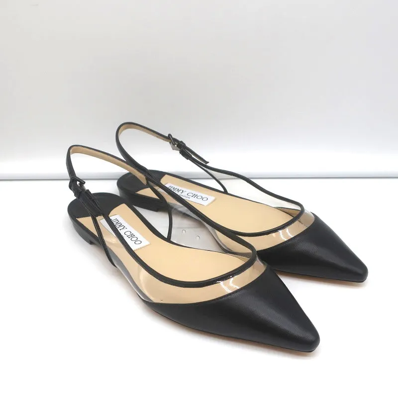 Jimmy Choo Erin Slingback Flats Black Leather and Clear PVC Size 37.5 NEW