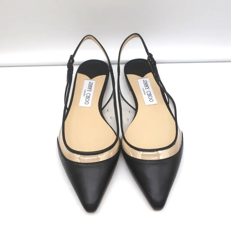 Jimmy Choo Erin Slingback Flats Black Leather and Clear PVC Size 37.5 NEW