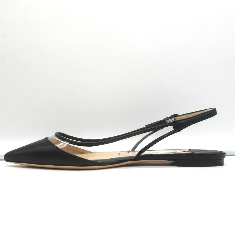 Jimmy Choo Erin Slingback Flats Black Leather and Clear PVC Size 37.5 NEW
