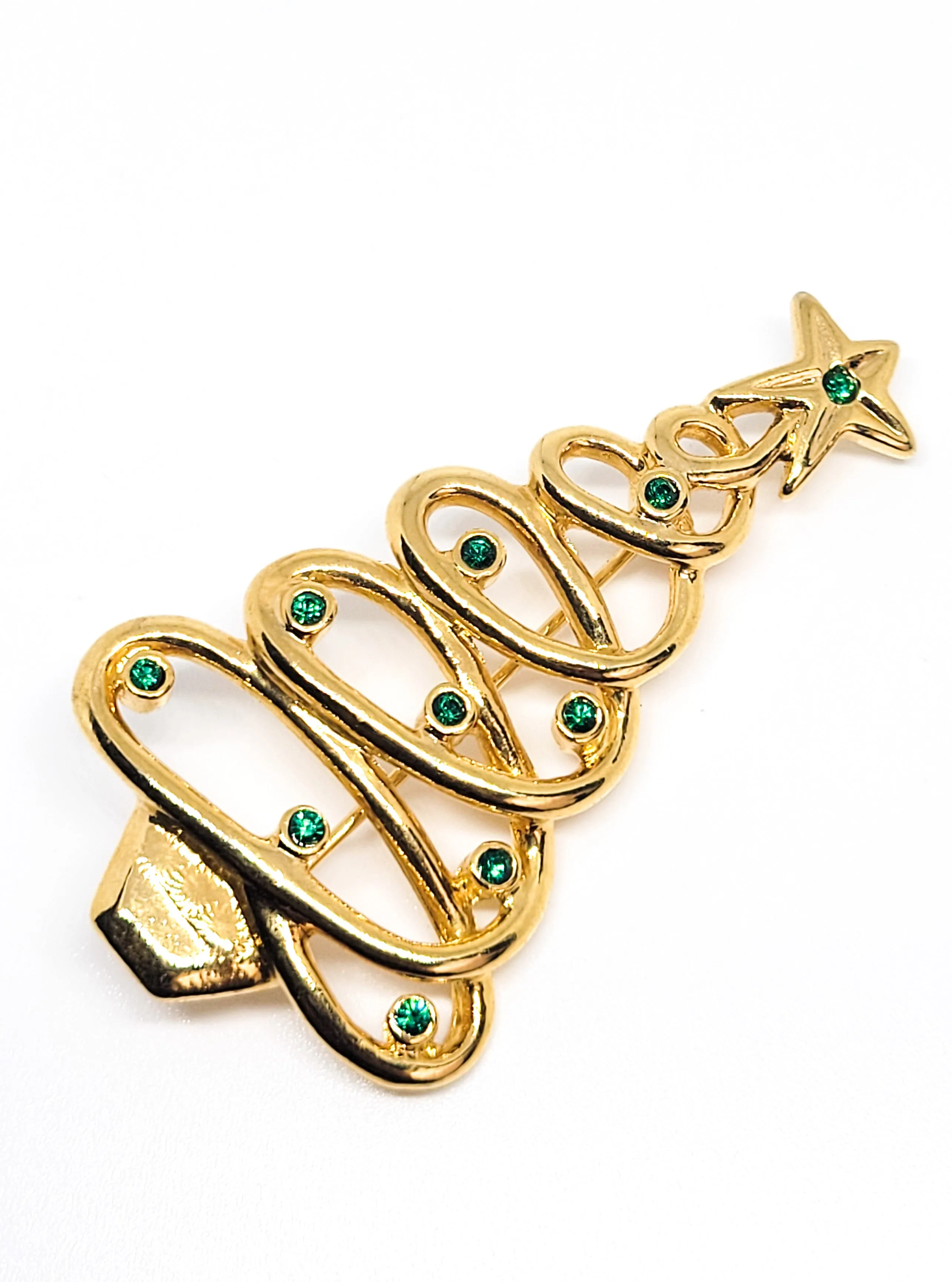 JJ signed Jonette gold toned green rhinestone Christmas tree brooch pin