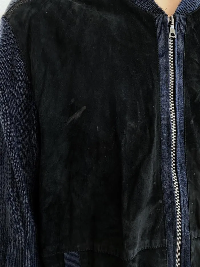 John Varvatos Zip-Up Cardigan Black Suede & Navy Ribbed Knit Size Extra Large