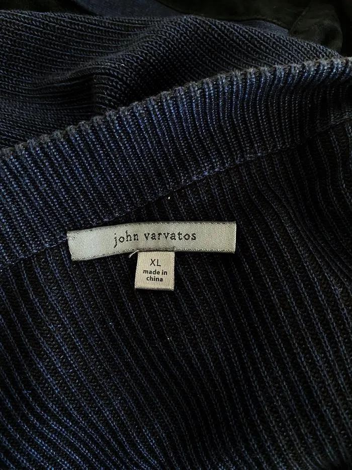 John Varvatos Zip-Up Cardigan Black Suede & Navy Ribbed Knit Size Extra Large