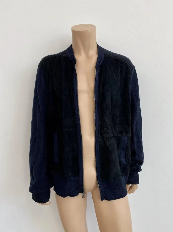 John Varvatos Zip-Up Cardigan Black Suede & Navy Ribbed Knit Size Extra Large