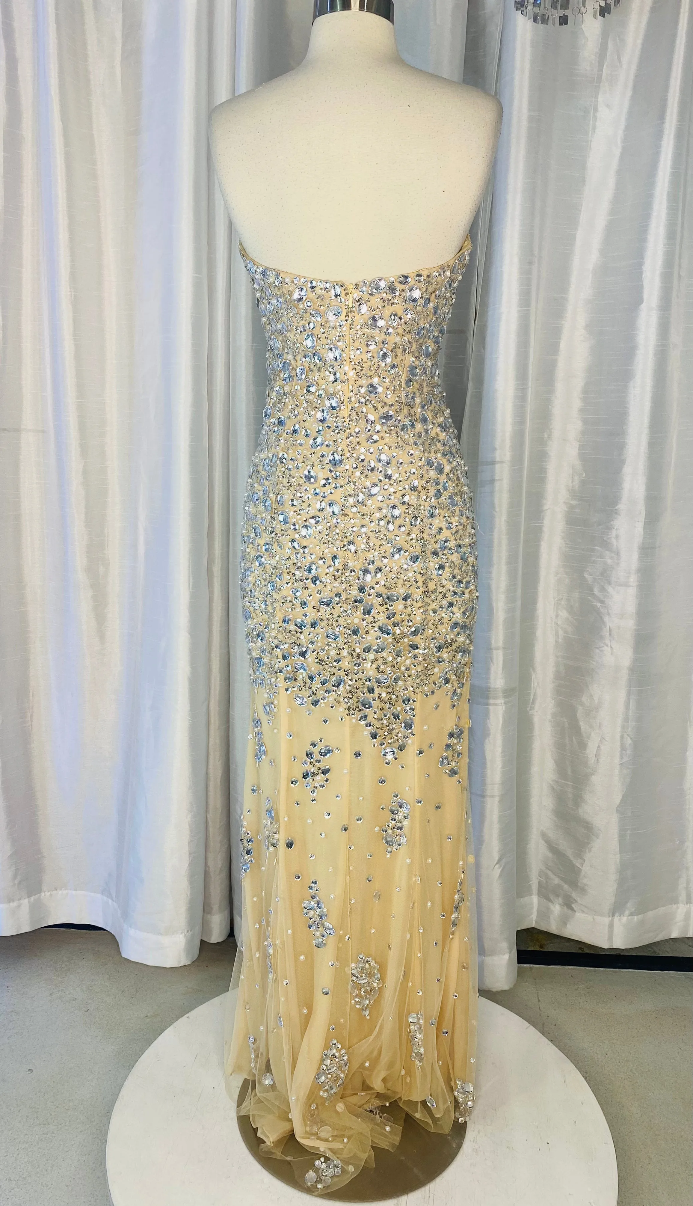 JOVANI 4247 Nude and Silver Strapless Embellished High Slit Dress Size 6