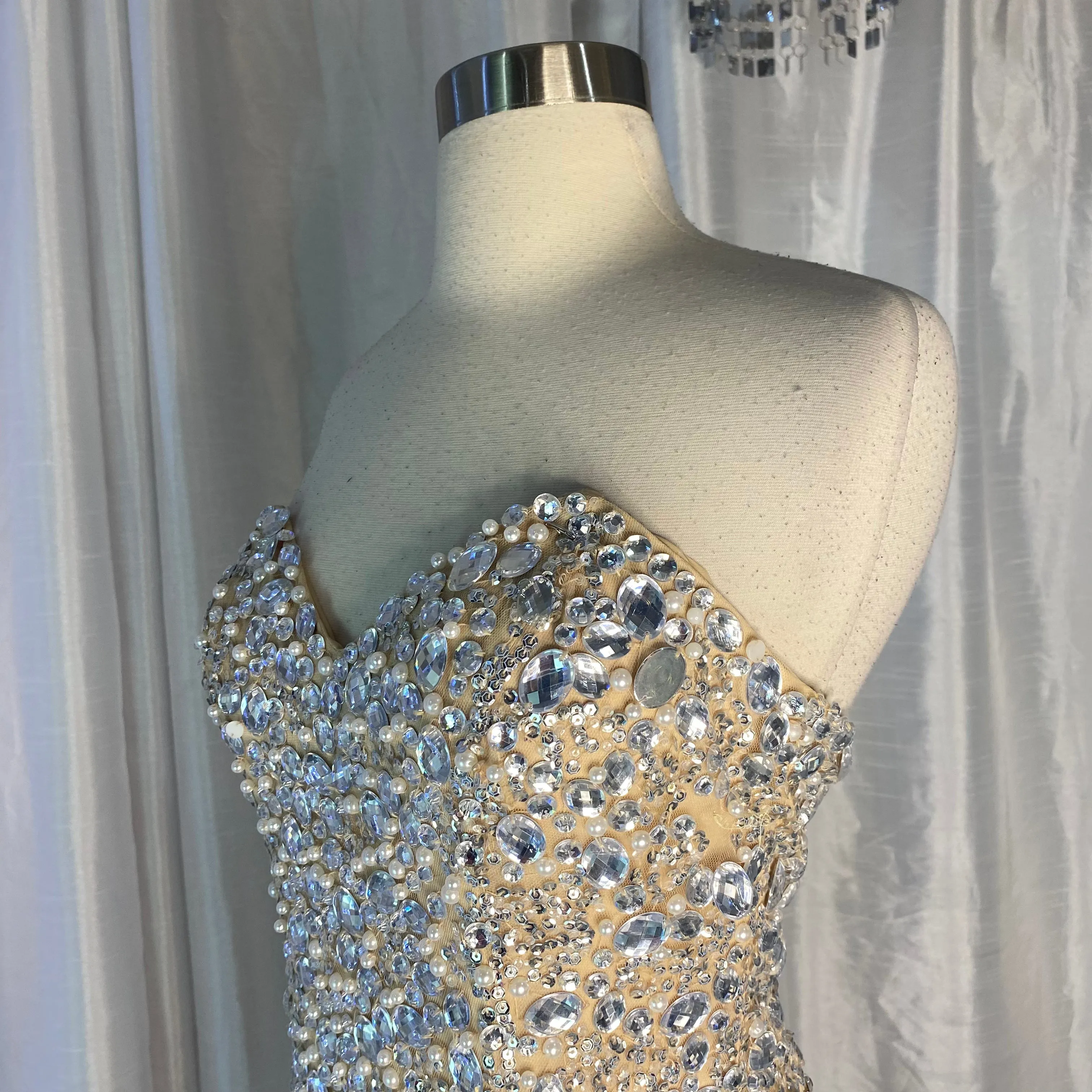 JOVANI 4247 Nude and Silver Strapless Embellished High Slit Dress Size 6