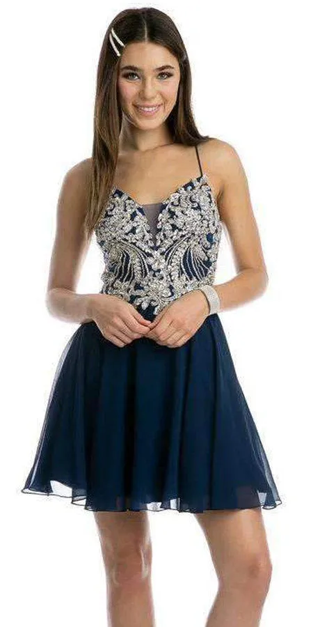 Juliet 845 Rhinestone Embellished Short Dress Lace-Up Back