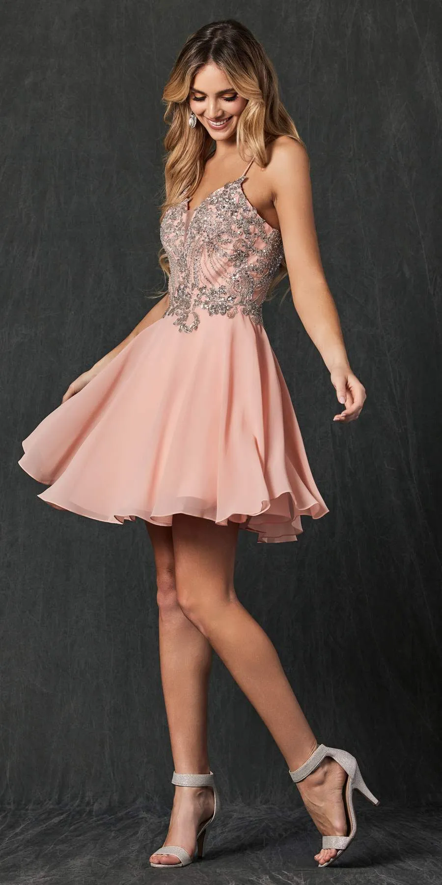 Juliet 845 Rhinestone Embellished Short Dress Lace-Up Back