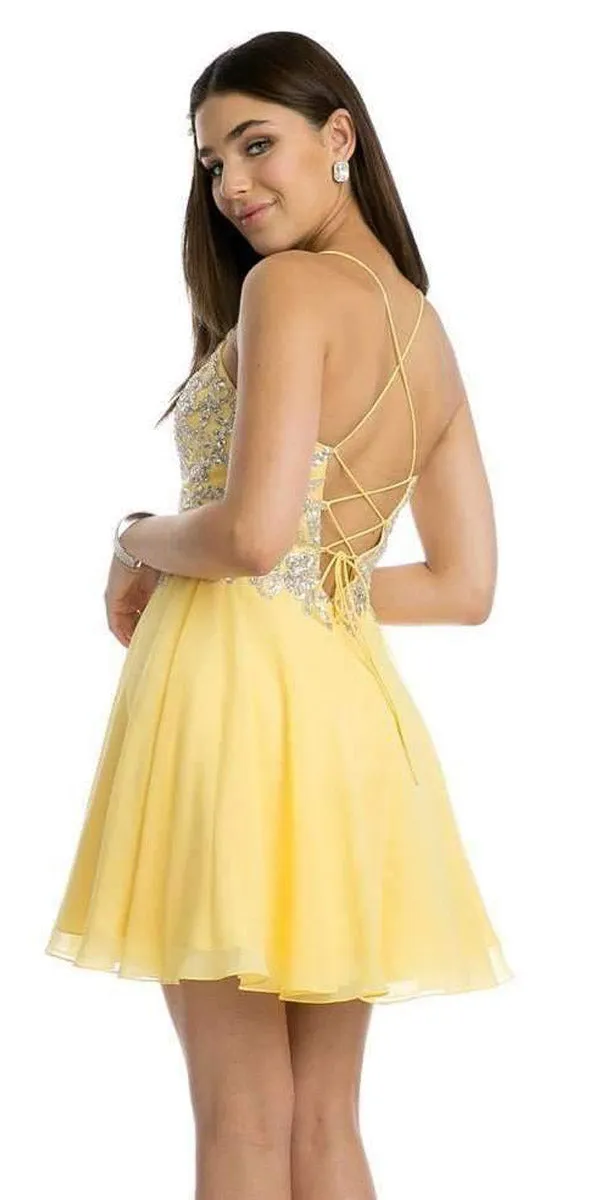 Juliet 845 Rhinestone Embellished Short Dress Lace-Up Back