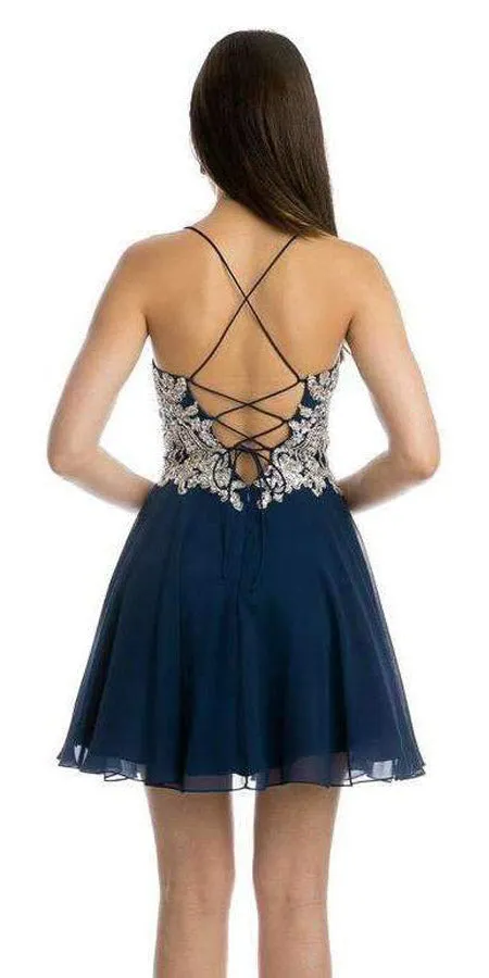 Juliet 845 Rhinestone Embellished Short Dress Lace-Up Back