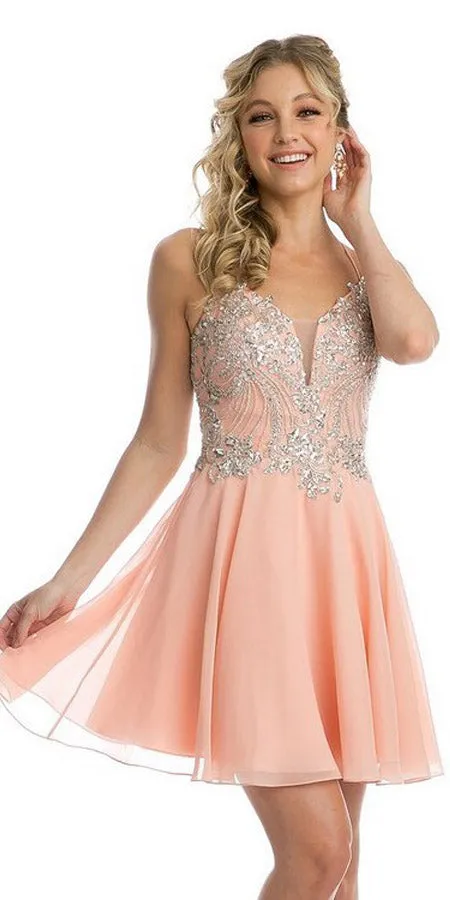 Juliet 845 Rhinestone Embellished Short Dress Lace-Up Back