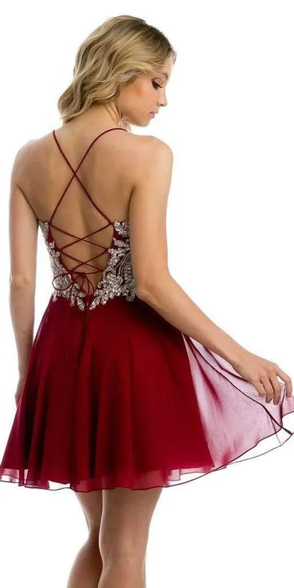 Juliet 845 Rhinestone Embellished Short Dress Lace-Up Back