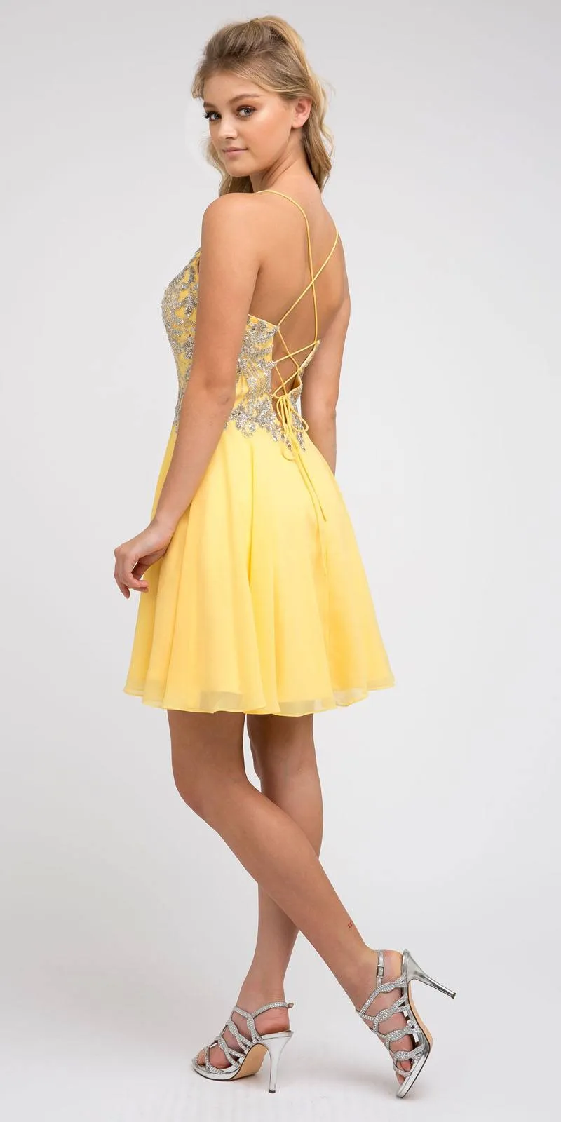Juliet 845 Rhinestone Embellished Short Dress Lace-Up Back