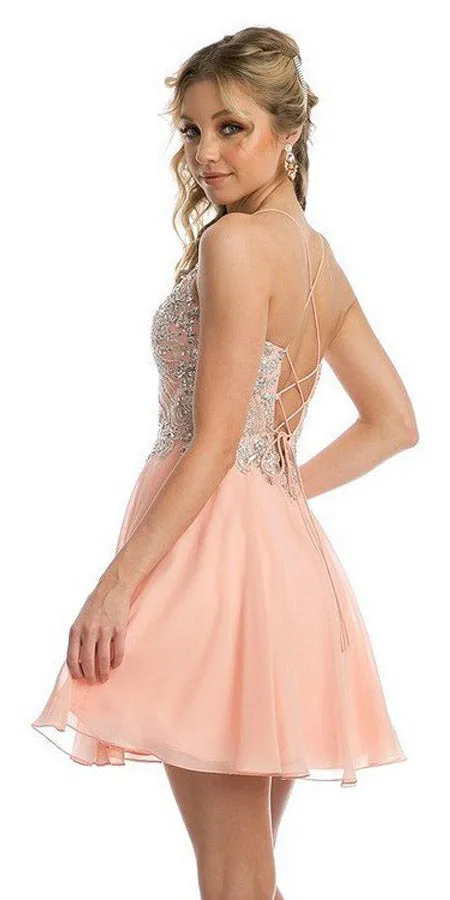 Juliet 845 Rhinestone Embellished Short Dress Lace-Up Back