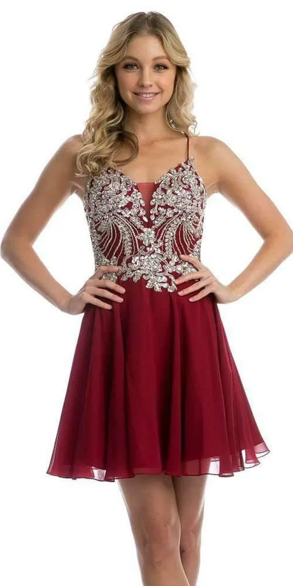 Juliet 845 Rhinestone Embellished Short Dress Lace-Up Back