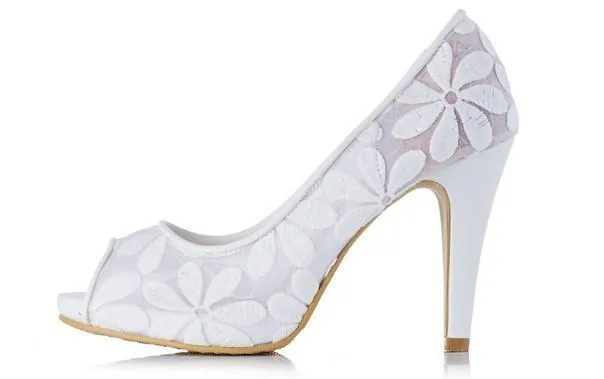 Lace Fish Toe White High Heels Wedding Bridal Shoes, SY0121