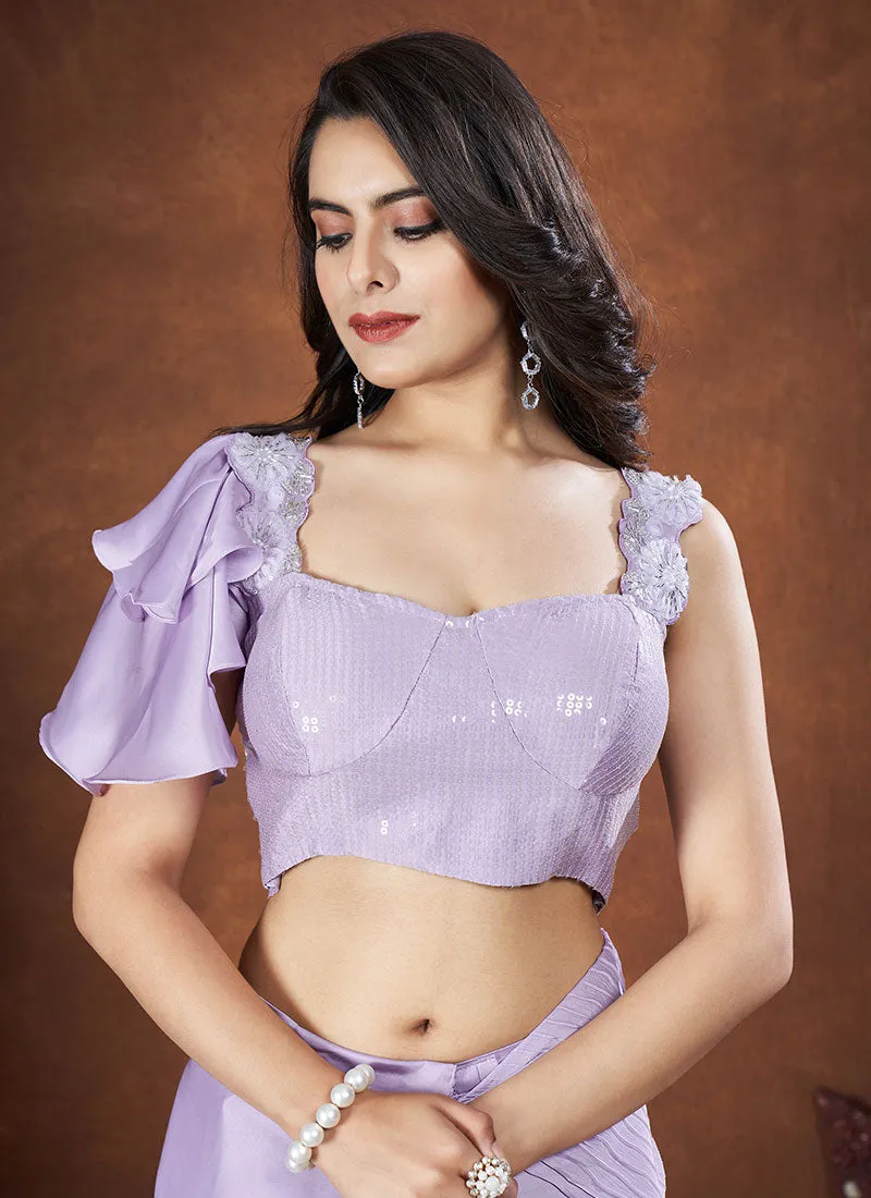 Lavender Sequence And Thread Embroidery Saree With Belt