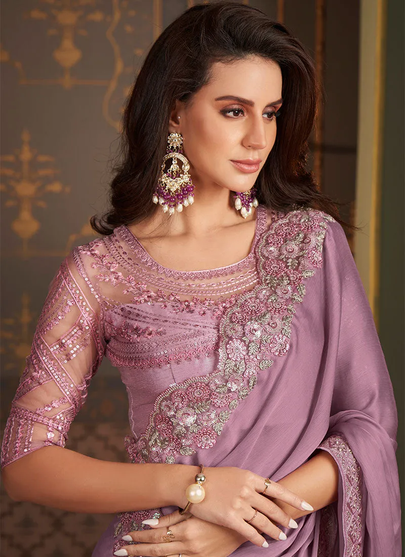 Lavender Sequence Embroidery Designer Silk Saree