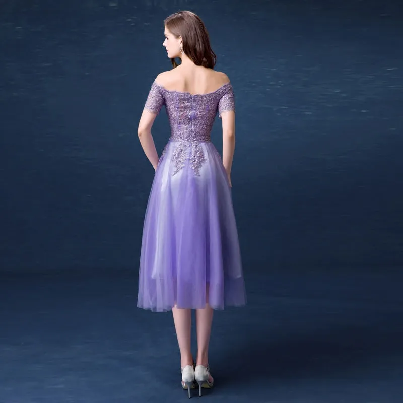 Lavender Tulle Short Lace Applique Beaded Off Shoulder Party Dress, Short Homecoming Dresses