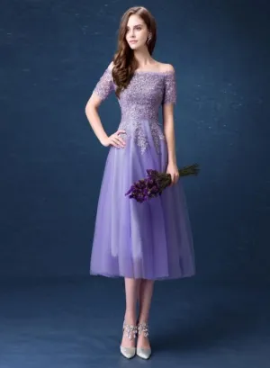 Lavender Tulle Short Lace Applique Beaded Off Shoulder Party Dress, Short Homecoming Dresses