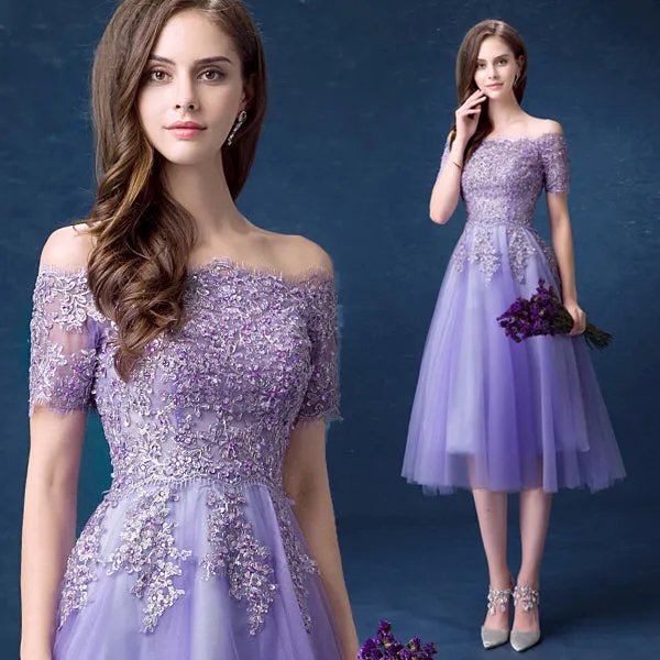 Lavender Tulle Short Lace Applique Beaded Off Shoulder Party Dress, Short Homecoming Dresses