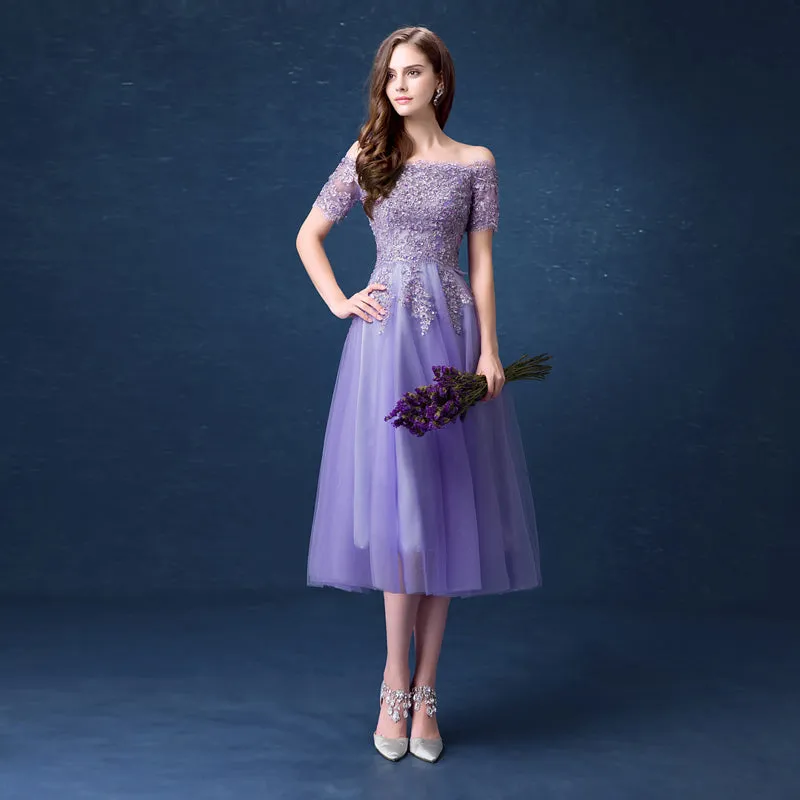 Lavender Tulle Short Lace Applique Beaded Off Shoulder Party Dress, Short Homecoming Dresses
