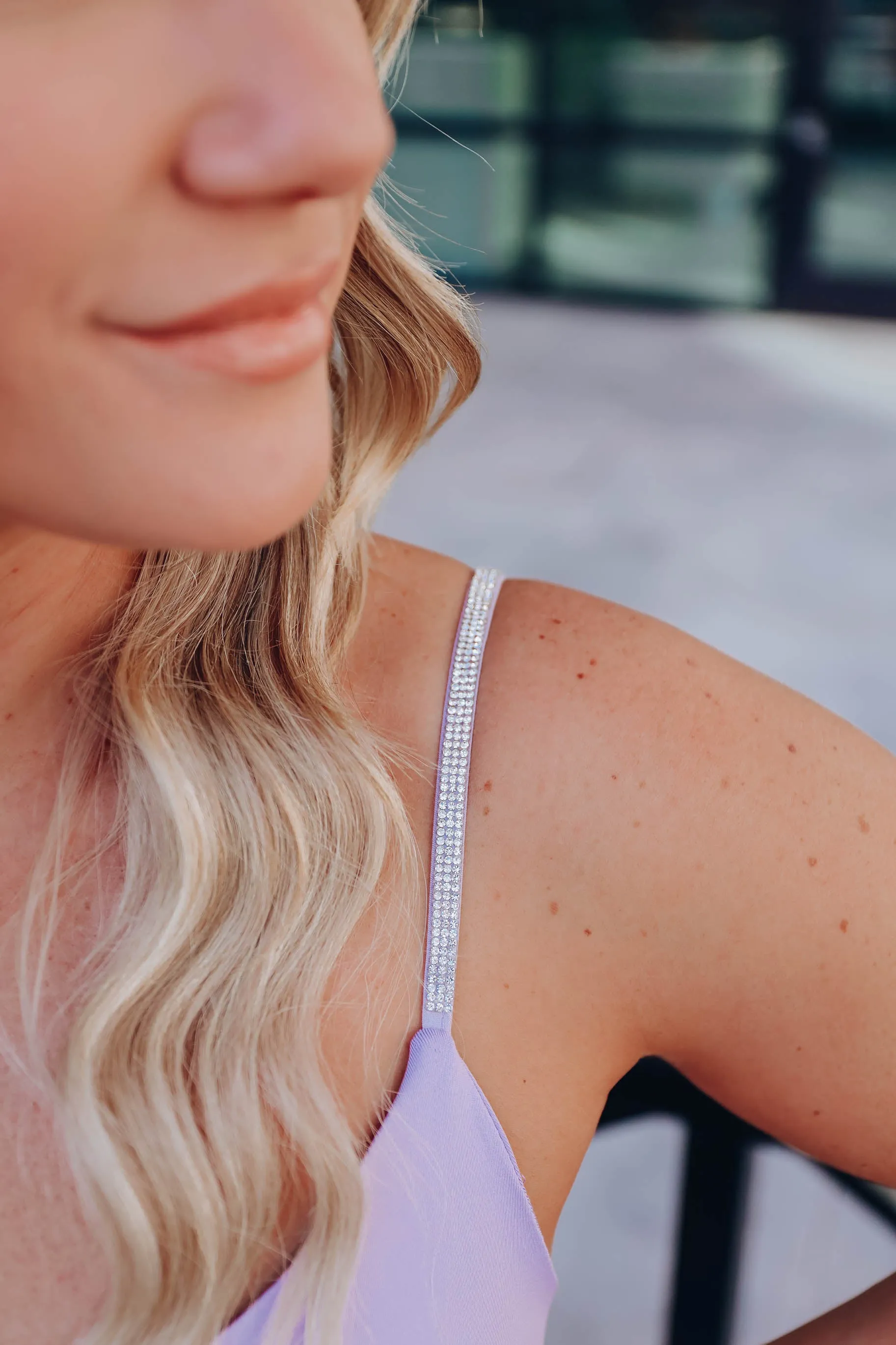 Lavish Rhinestone Strap Bodysuit - Lavender