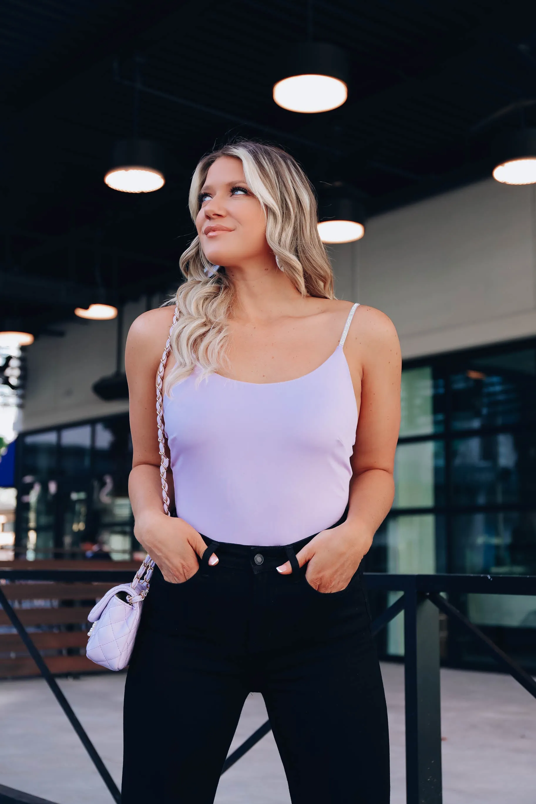 Lavish Rhinestone Strap Bodysuit - Lavender