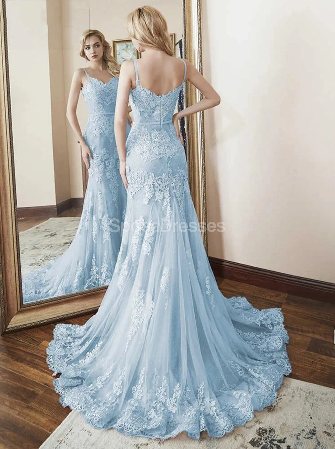 Light Blue Lace Beaded Mermaid Long Evening Prom Dresses, Evening Party Prom Dresses, 12308