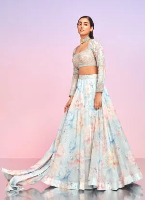 Light Blue Multicolor Floral Embellished Lehenga
