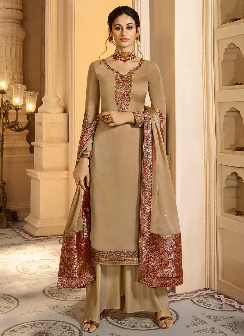 Light Brown And Red Palazzo Pant Suit