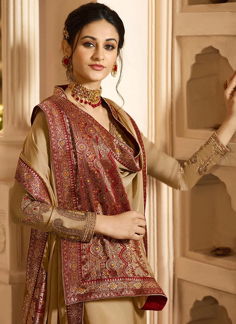 Light Brown And Red Palazzo Pant Suit