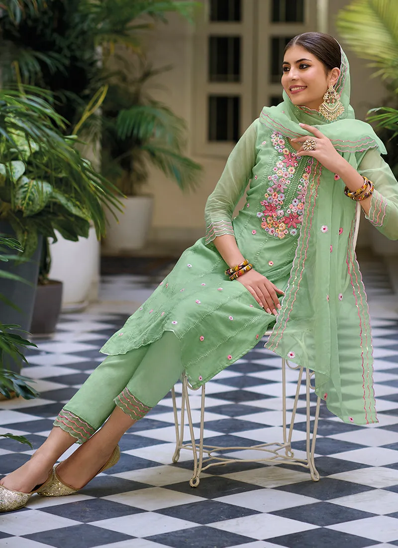 Light Green Multi Floral Embroidery Traditional Salwar Kameez