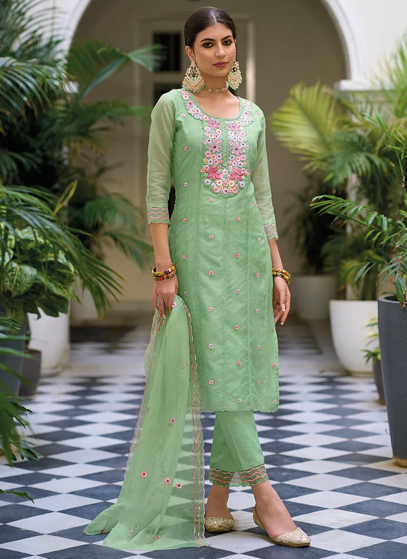 Light Green Multi Floral Embroidery Traditional Salwar Kameez