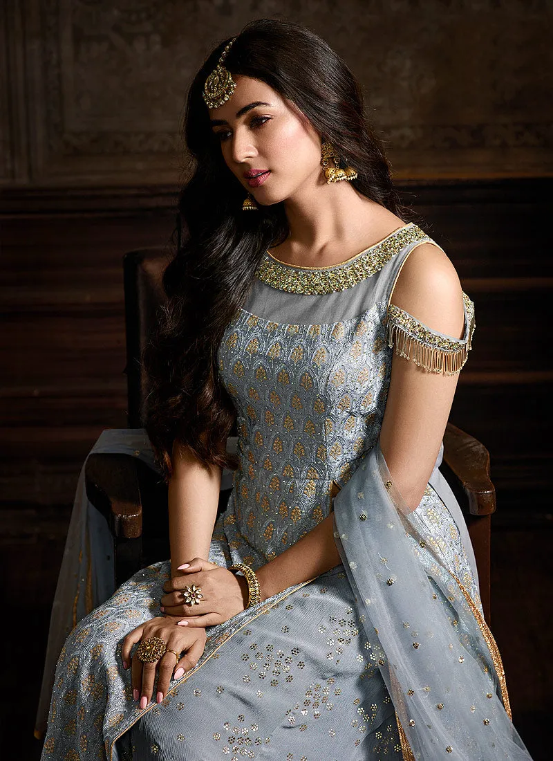 Light Grey Embroidered Indo Western Style Sharara Suit