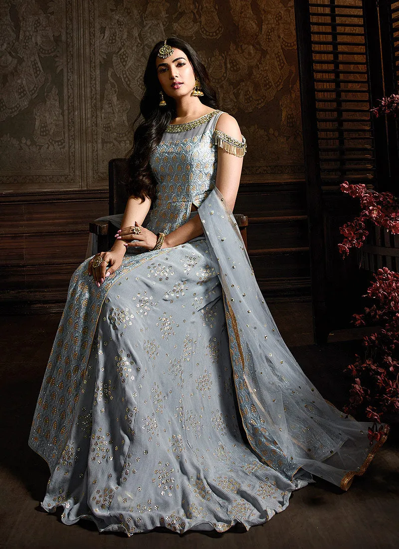 Light Grey Embroidered Indo Western Style Sharara Suit