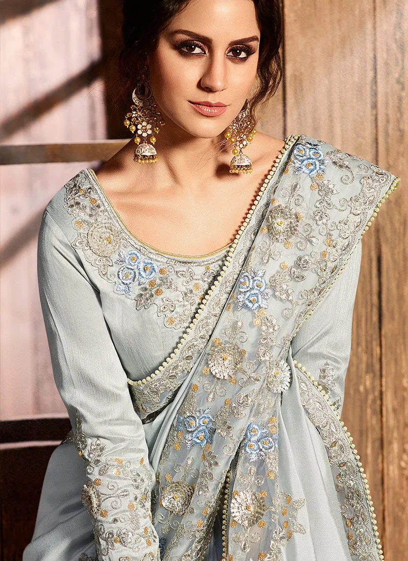 Light Grey With Multi Embroidered Pallu Traditional Saree