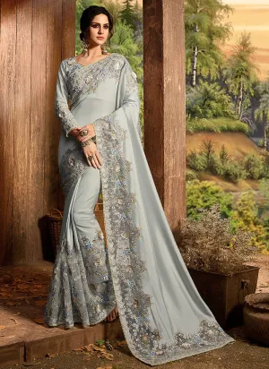 Light Grey With Multi Embroidered Pallu Traditional Saree