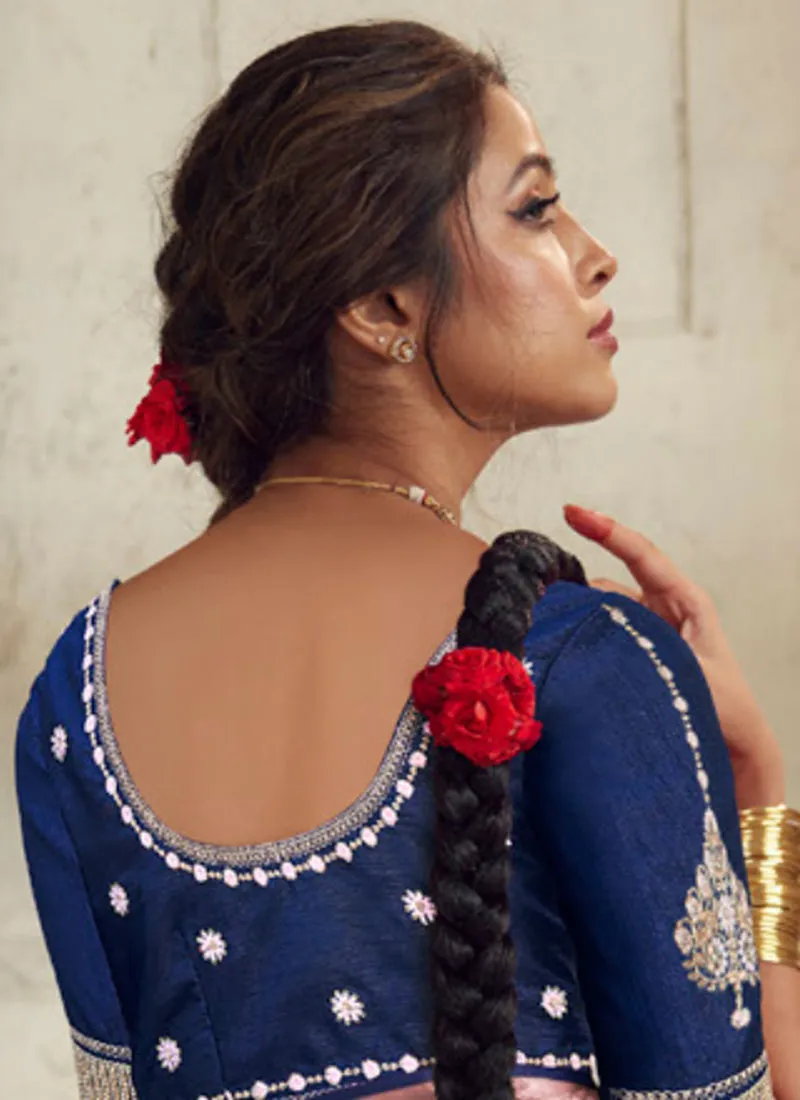 Light Pink And Blue Traditional Embroidery Organza Silk Saree
