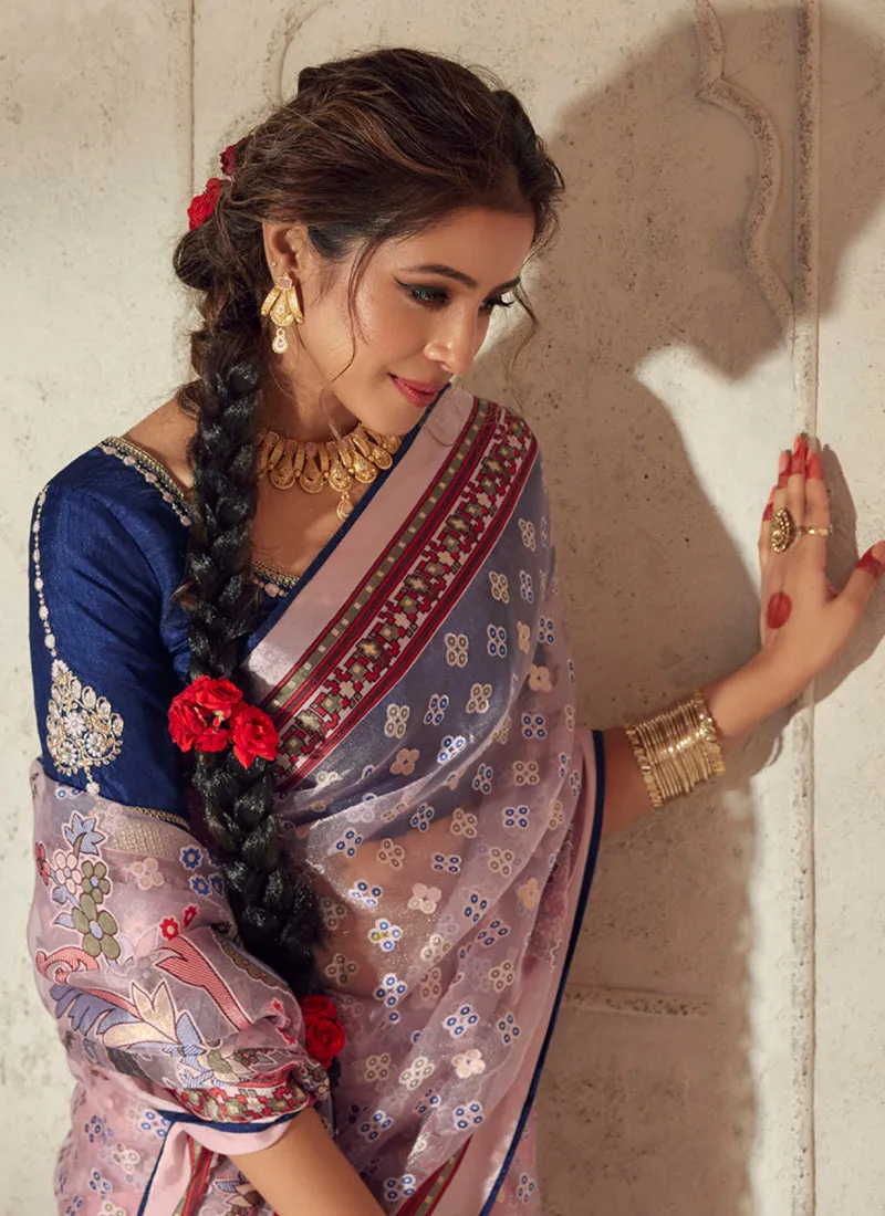 Light Pink And Blue Traditional Embroidery Organza Silk Saree