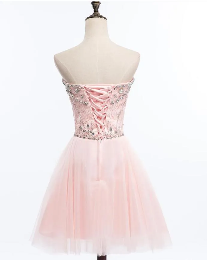 Light Pink Beaded Tulle and Lace Sweetheart Homecoming Dress, Pink Tulle Prom Dress