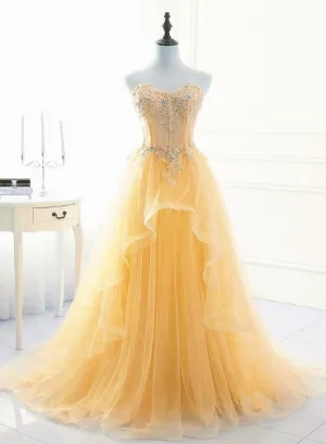 Light Yellow Beaded Tulle Long Party Dress Prom Dress, Yellow Formal Dresses