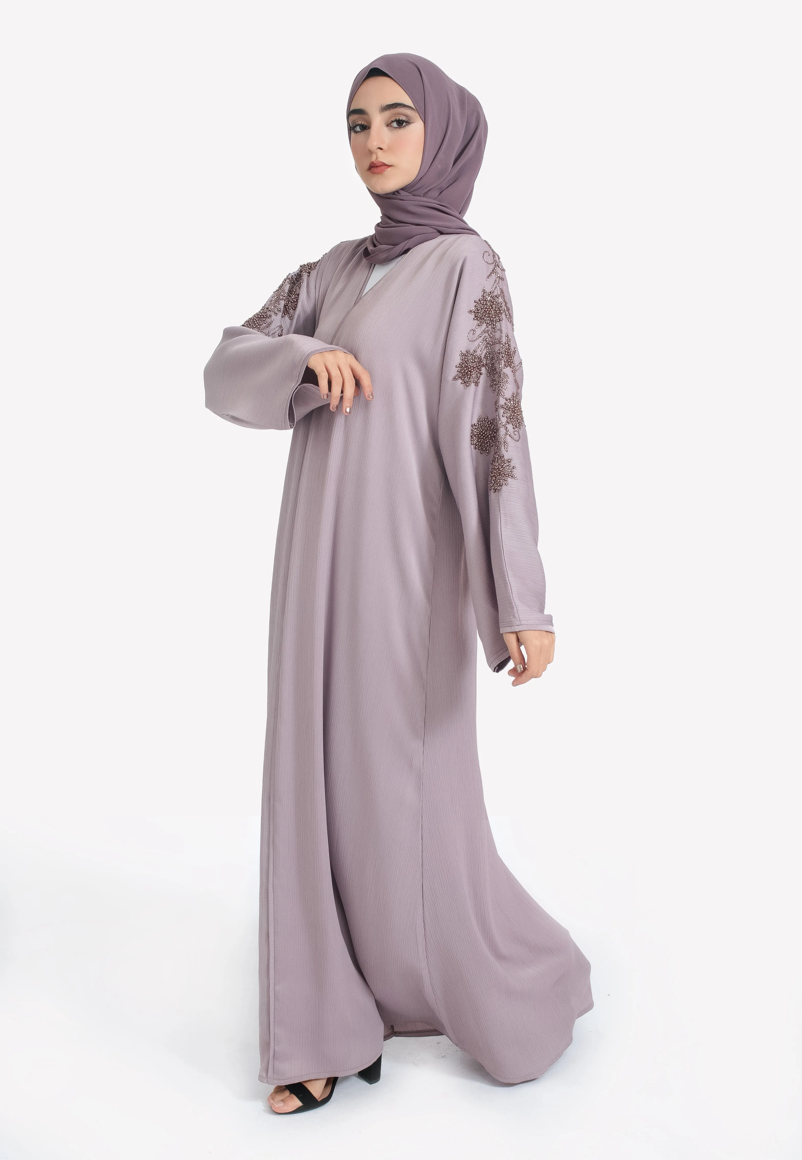 Lilac Textured Closed Abaya With Copper Embellishments