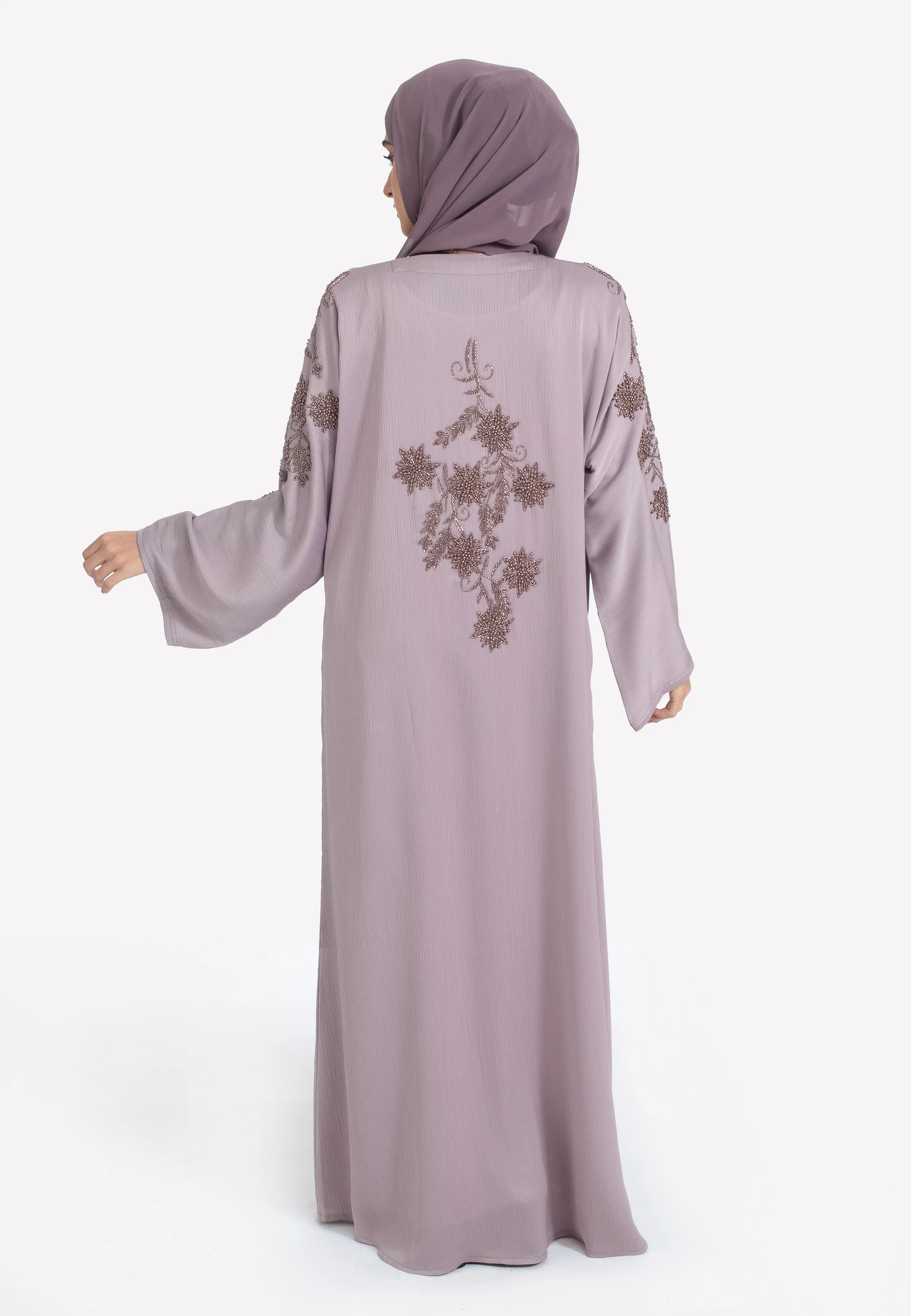 Lilac Textured Closed Abaya With Copper Embellishments