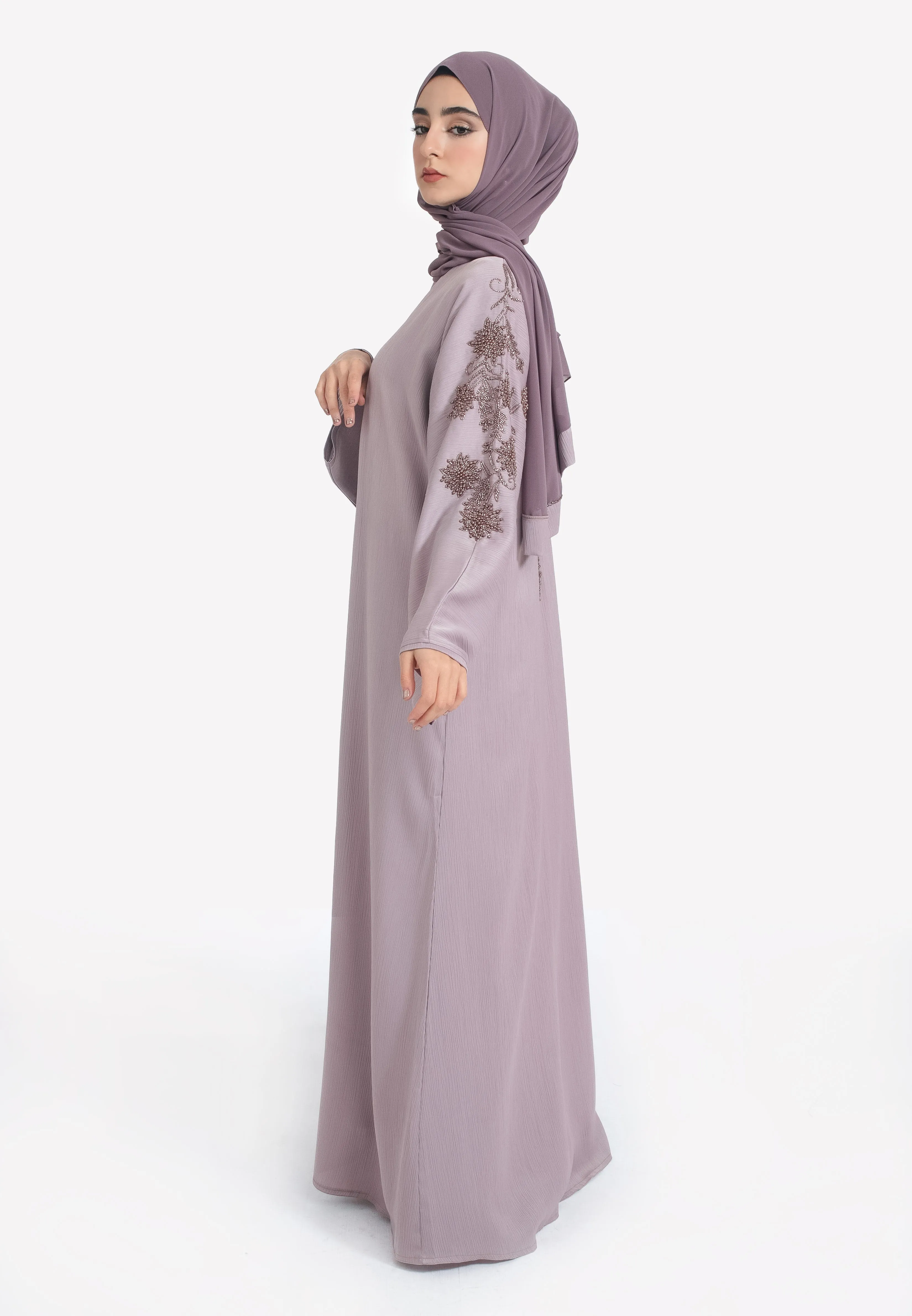 Lilac Textured Closed Abaya With Copper Embellishments
