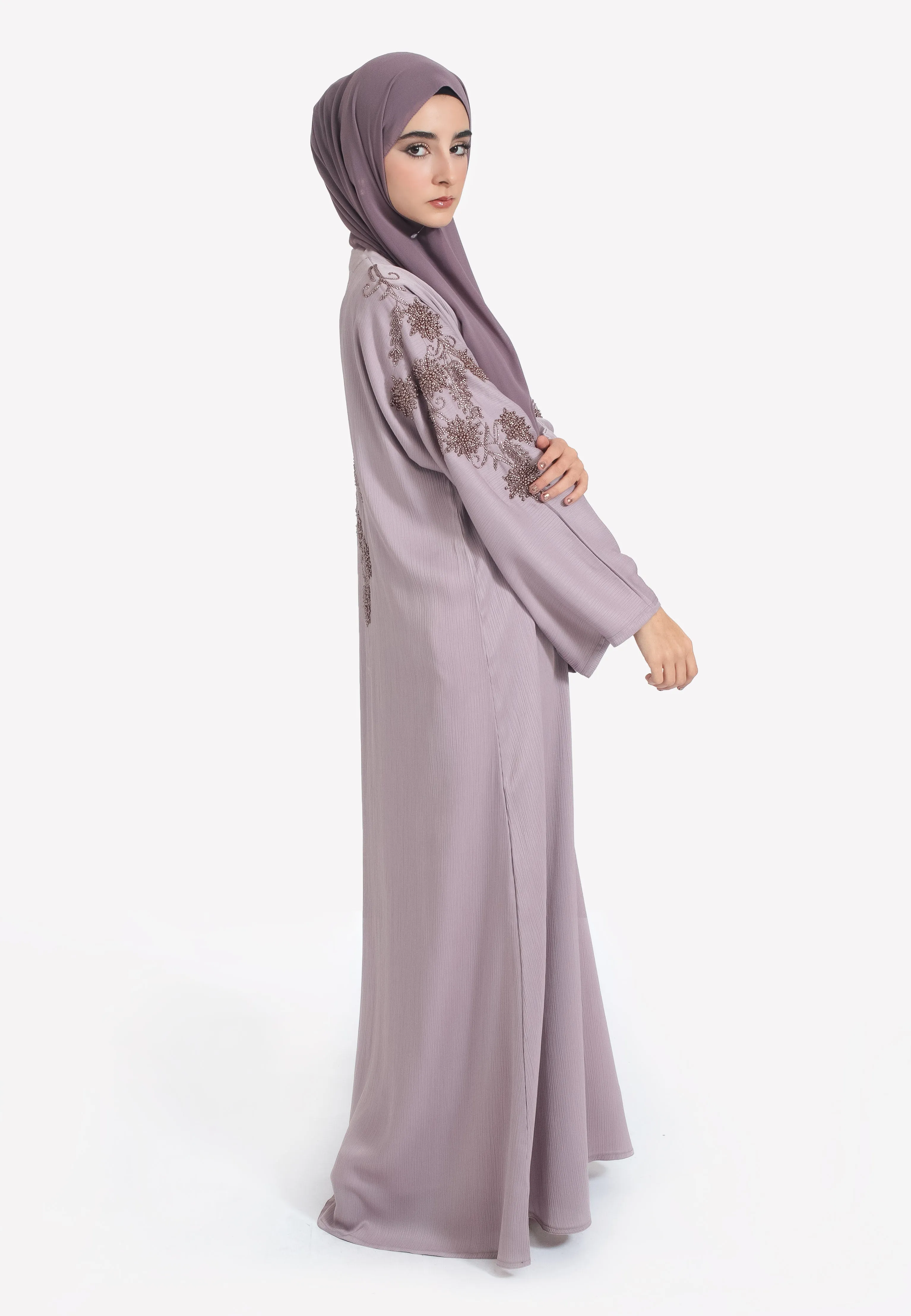 Lilac Textured Closed Abaya With Copper Embellishments