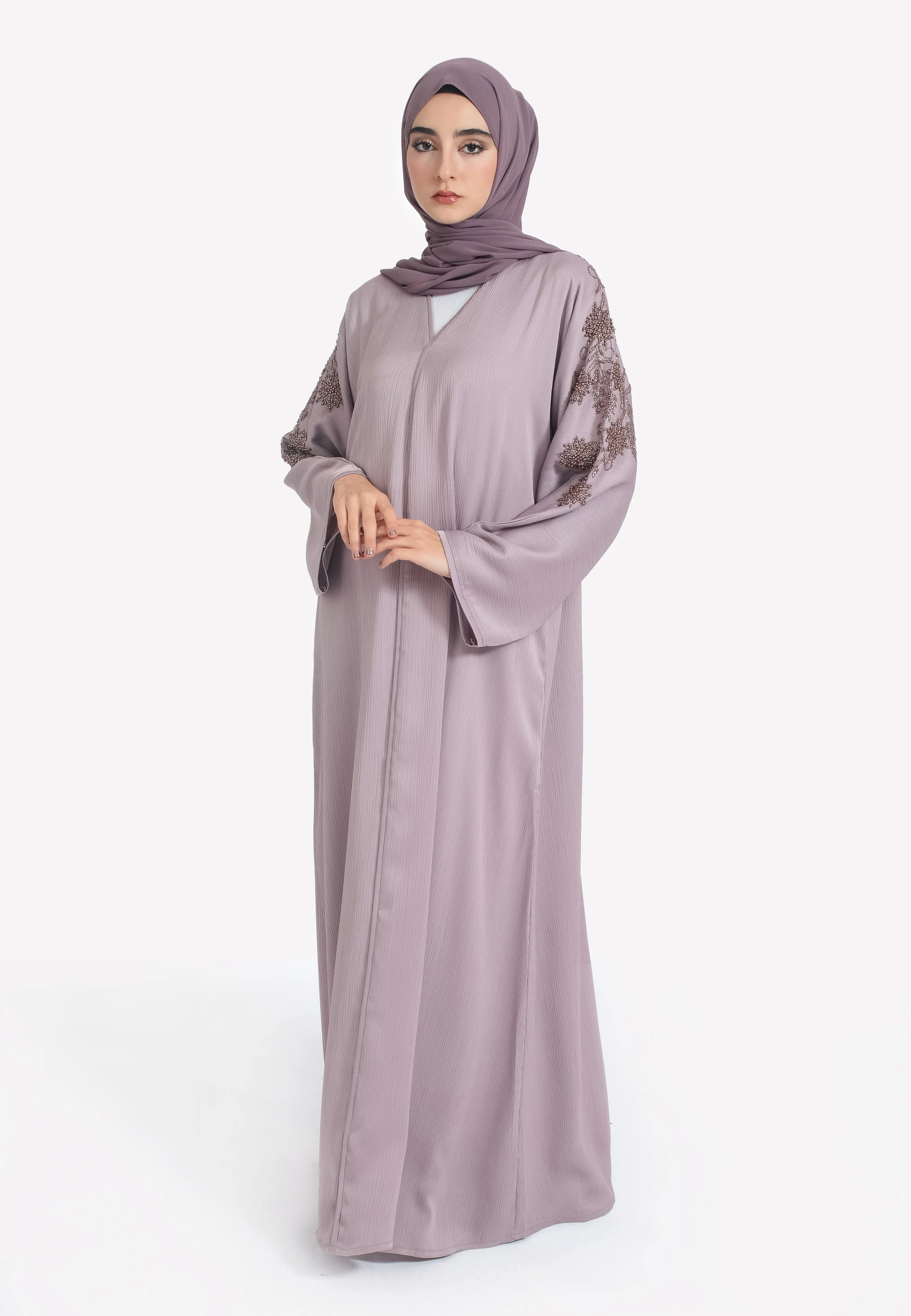 Lilac Textured Closed Abaya With Copper Embellishments