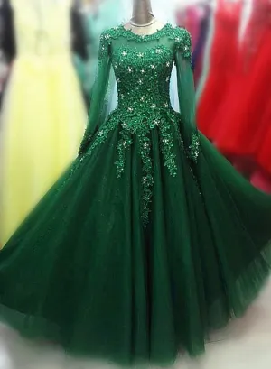 Long Sleeves Green Tulle Party Dress , Beaded and Lace Prom Dress