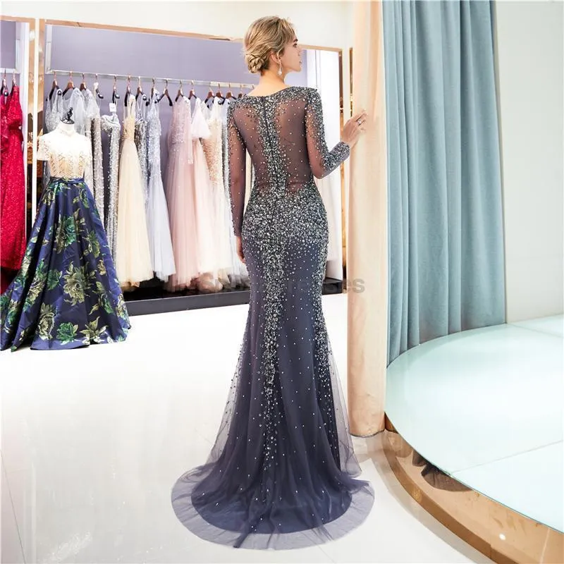 Long Sleeves Navy Rhinestone Beaded Mermaid Evening Prom Dresses, Evening Party Prom Dresses, 12039