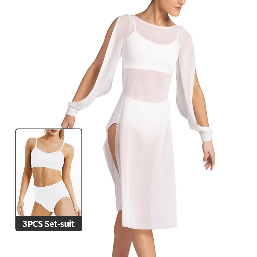 Long Splits Sleeves Mesh Dance Dress Outfits