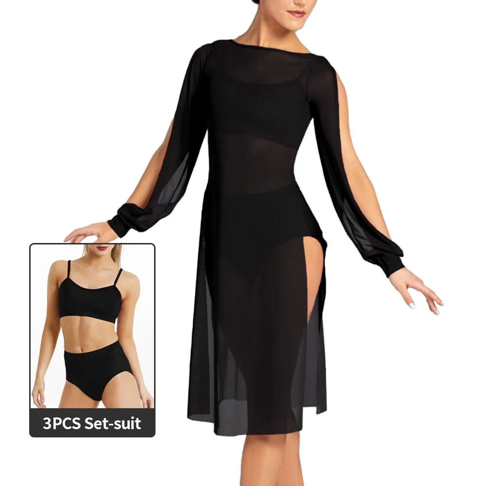 Long Splits Sleeves Mesh Dance Dress Outfits